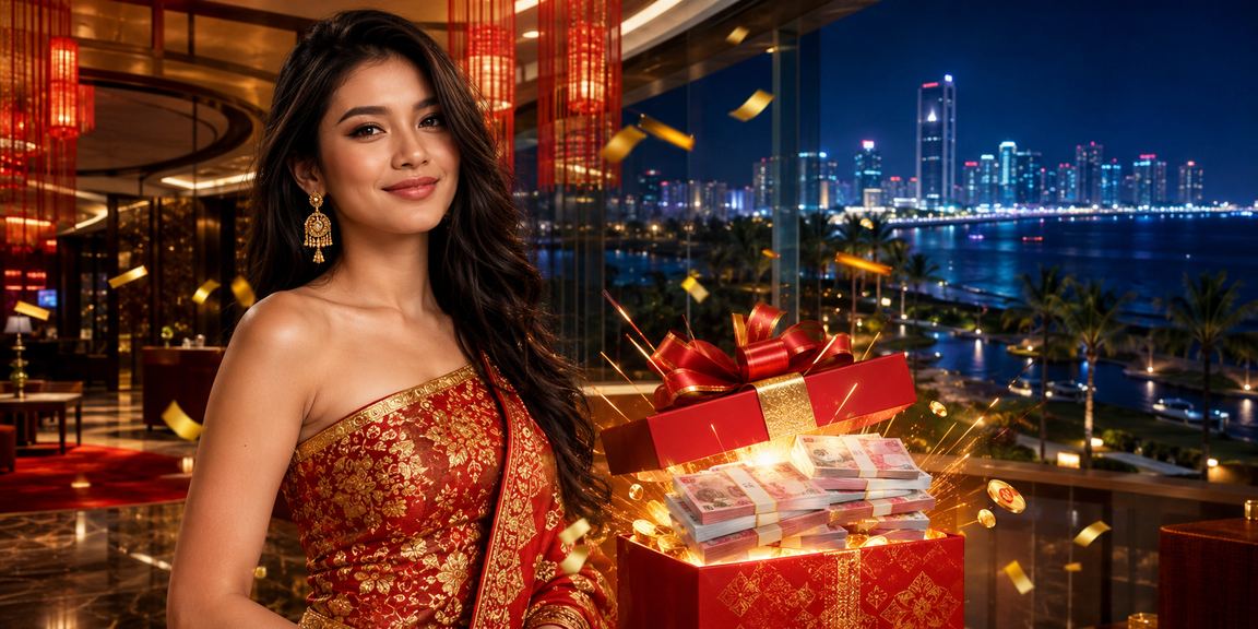 Model Vietnam berpose di depan layar taruhan dengan suasana kasino yang mewah dan elegan