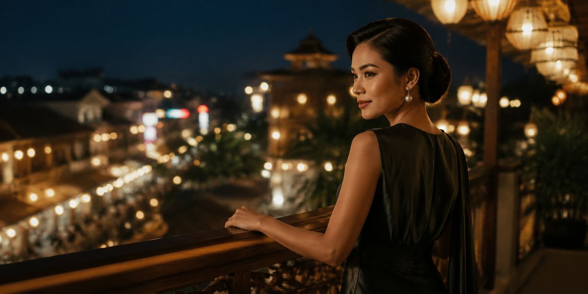 Model Vietnam berpose elegan dengan latar bonus VIP yang mewah dan penuh warna