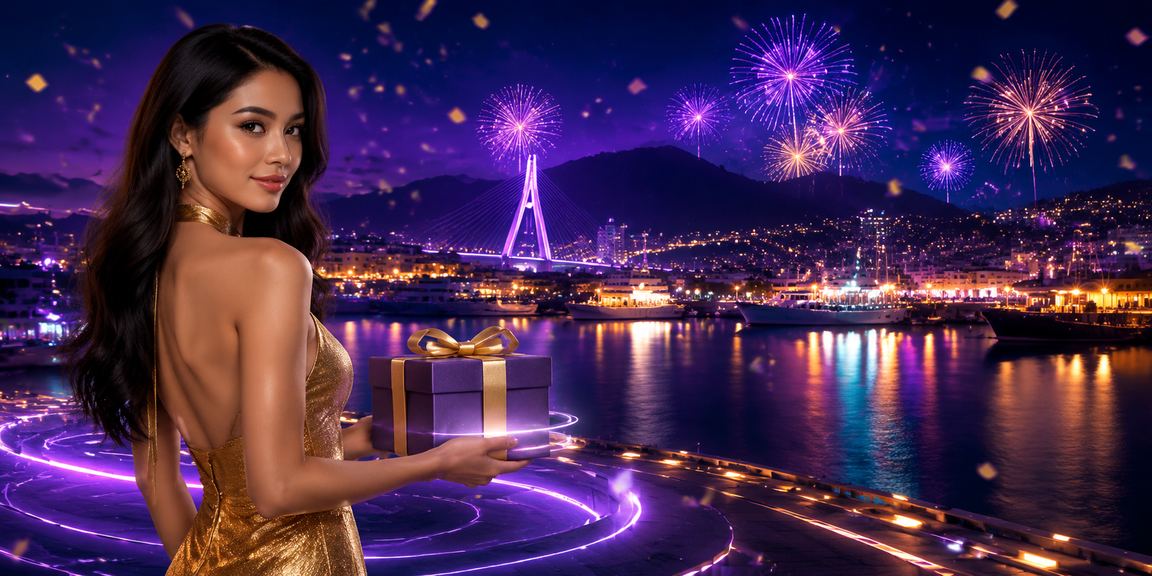 Tampilan layar dengan efek cahaya neon berwarna cerah yang menampilkan bonus VIP menarik