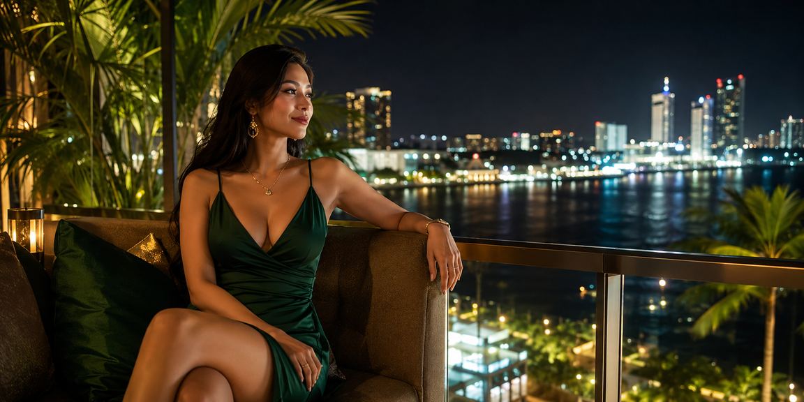 Model Vietnam tampil elegan di depan suasana casino hiburan yang mewah dan penuh cahaya