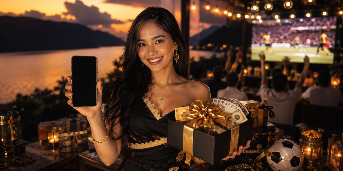 Seseorang menikmati permainan casino di ponsel sambil bersantai di tepi pantai yang tenang